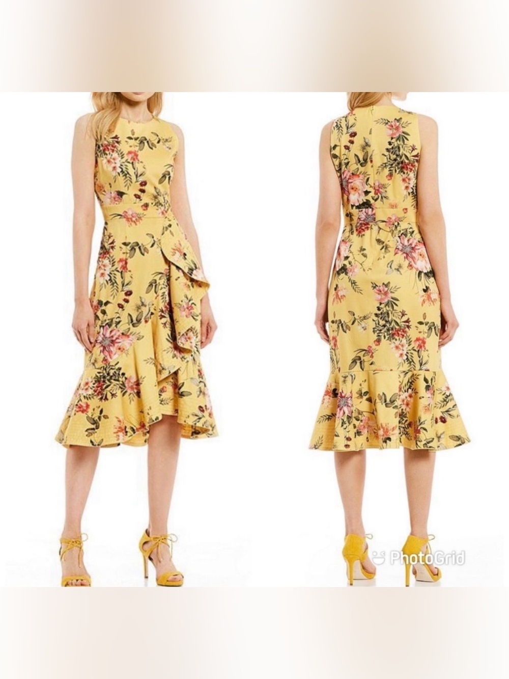 EUC Antonio Melani Floral Asymmetrical Ruffle Midi Dress Sz 6 Yellow
